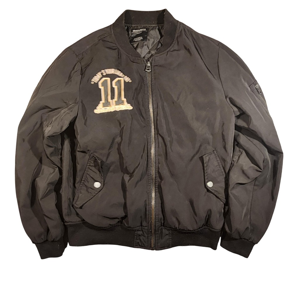 Bershka Jacket Mens Medium Black Bomber Police Resources‎ Graphic Tiger Zip